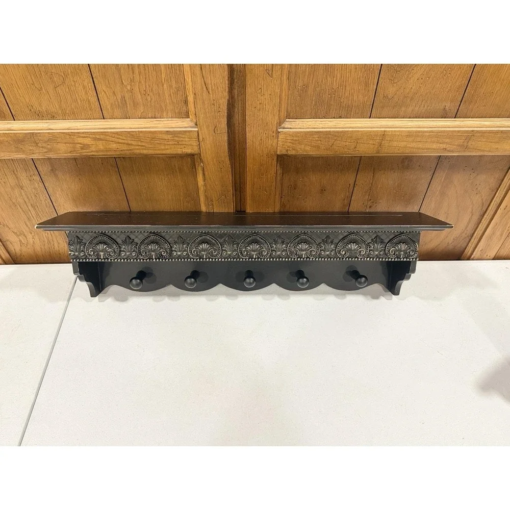 Wood Wall Shelf Black W/ Pegs (5) Plate Groove Distress Painted Finish 24